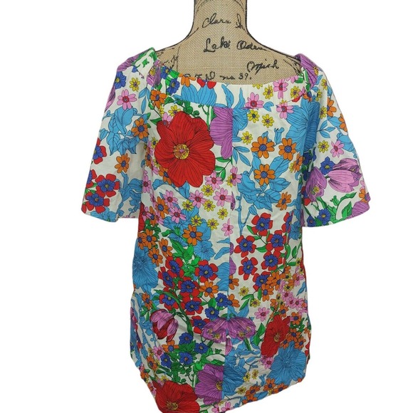 H&M Bright Colorful 60's Style Floral Print Shoulder Flutter Sleeve Dress 6 - Picture 3 of 7